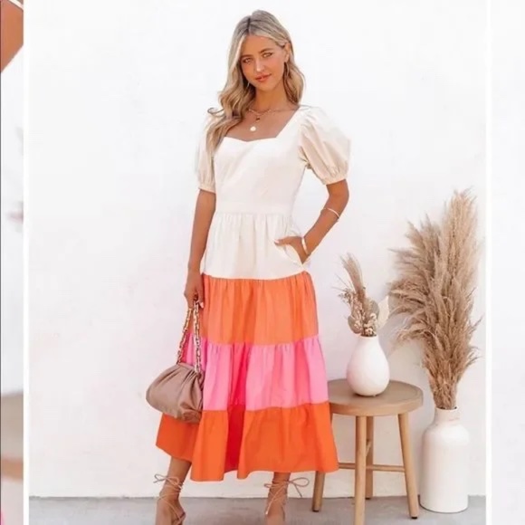 Vici Dolls || Naomi cotton pocketed color block midi dress - Picture 2 of 5